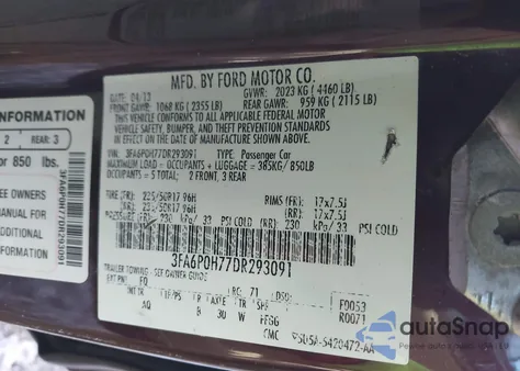 2013 Ford Fusion Se from USA, damaged, VIN 3FA6P0H77DR293091